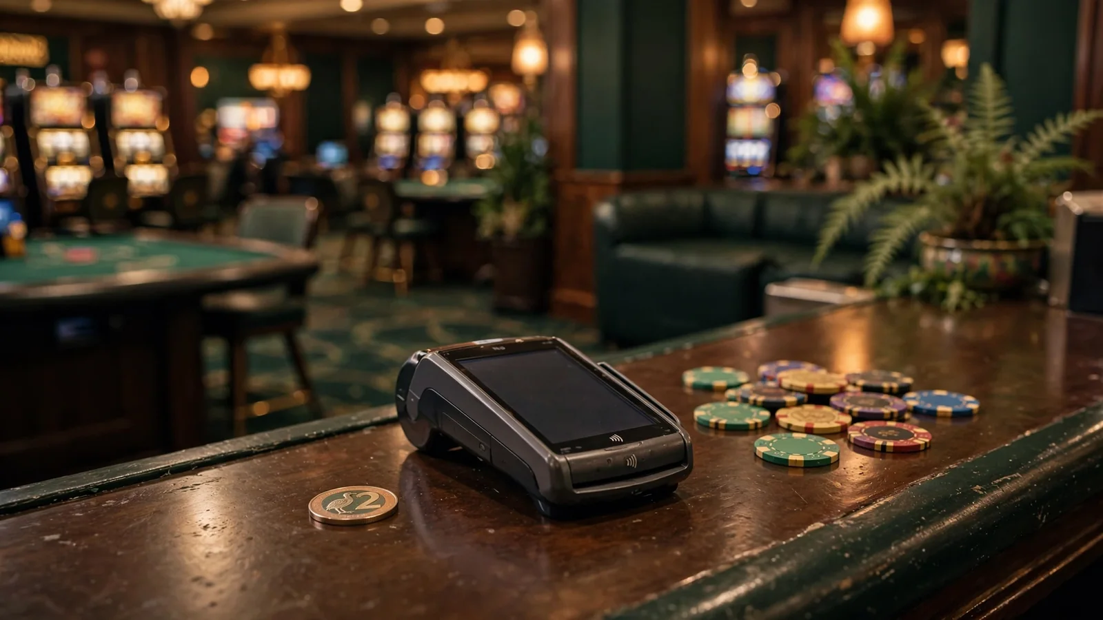 A small NZ$2 coin beside a payment terminal and casino chips on a cashier counter in New Zealand