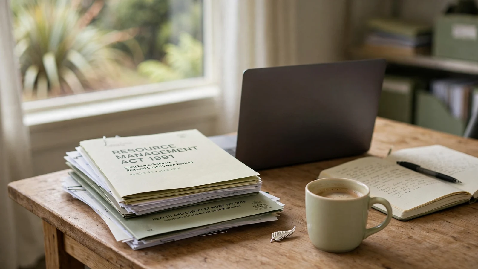 Editorial review desk with regulatory documents and a turned-away laptop in a New Zealand office