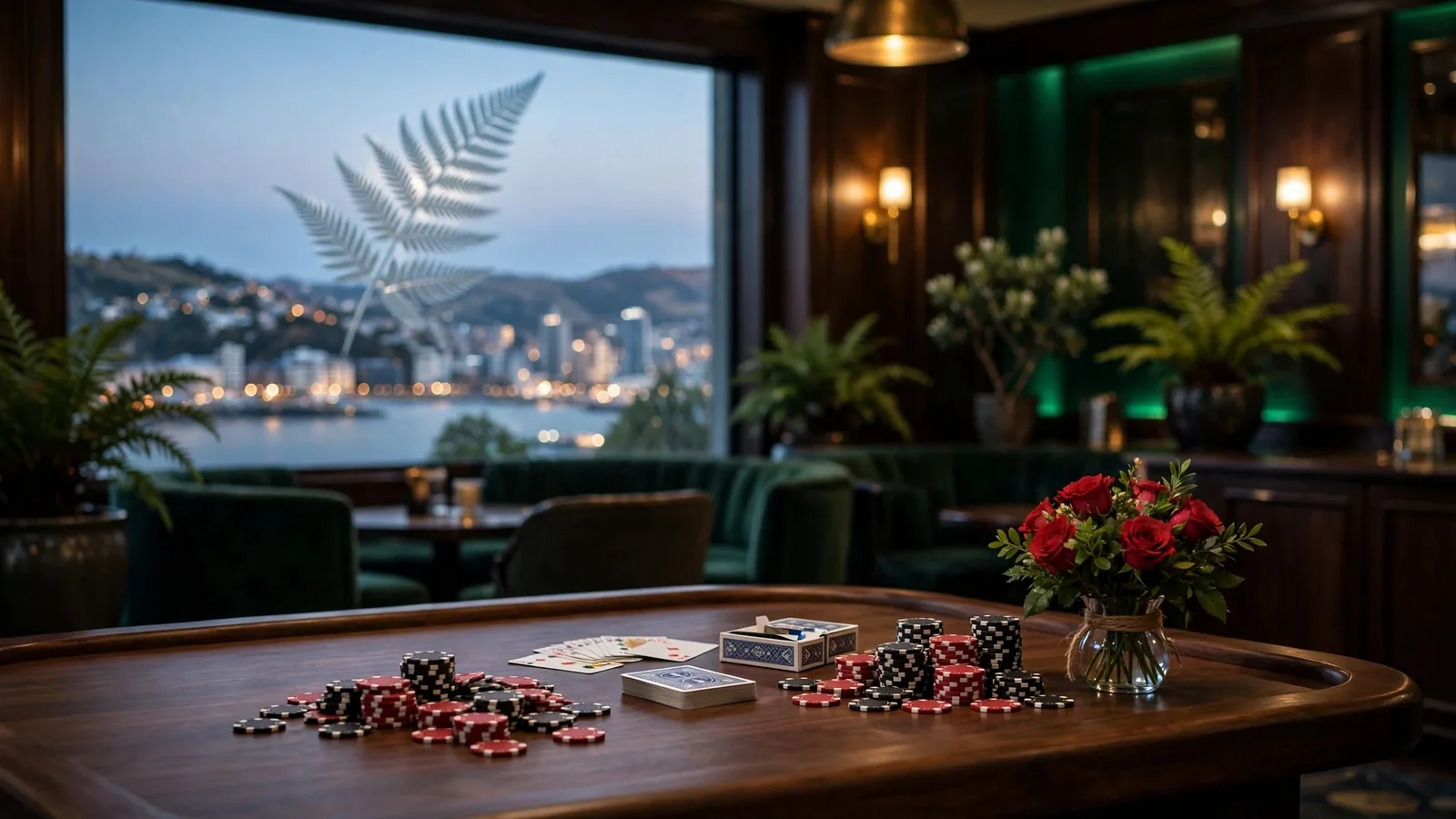 Elegant casino lounge with chips, cards, and New Zealand skyline at dusk