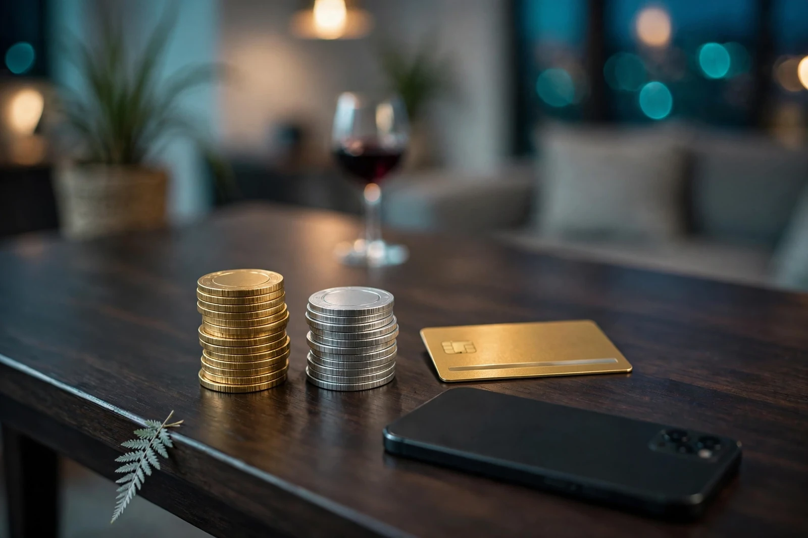 Casino chips, key card and smartphone on a wooden table with subtle New Zealand fern motif