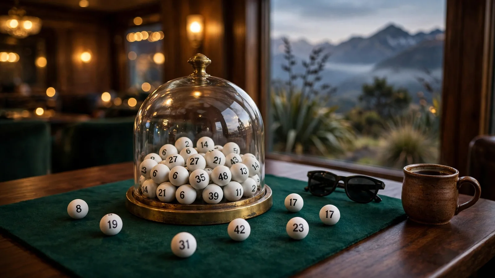 Keno ball draw setup on green felt with New Zealand mountains at dusk