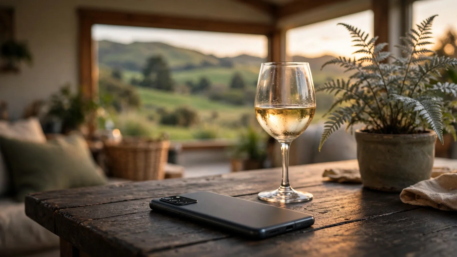 Android smartphone on a wooden table in a New Zealand home setting