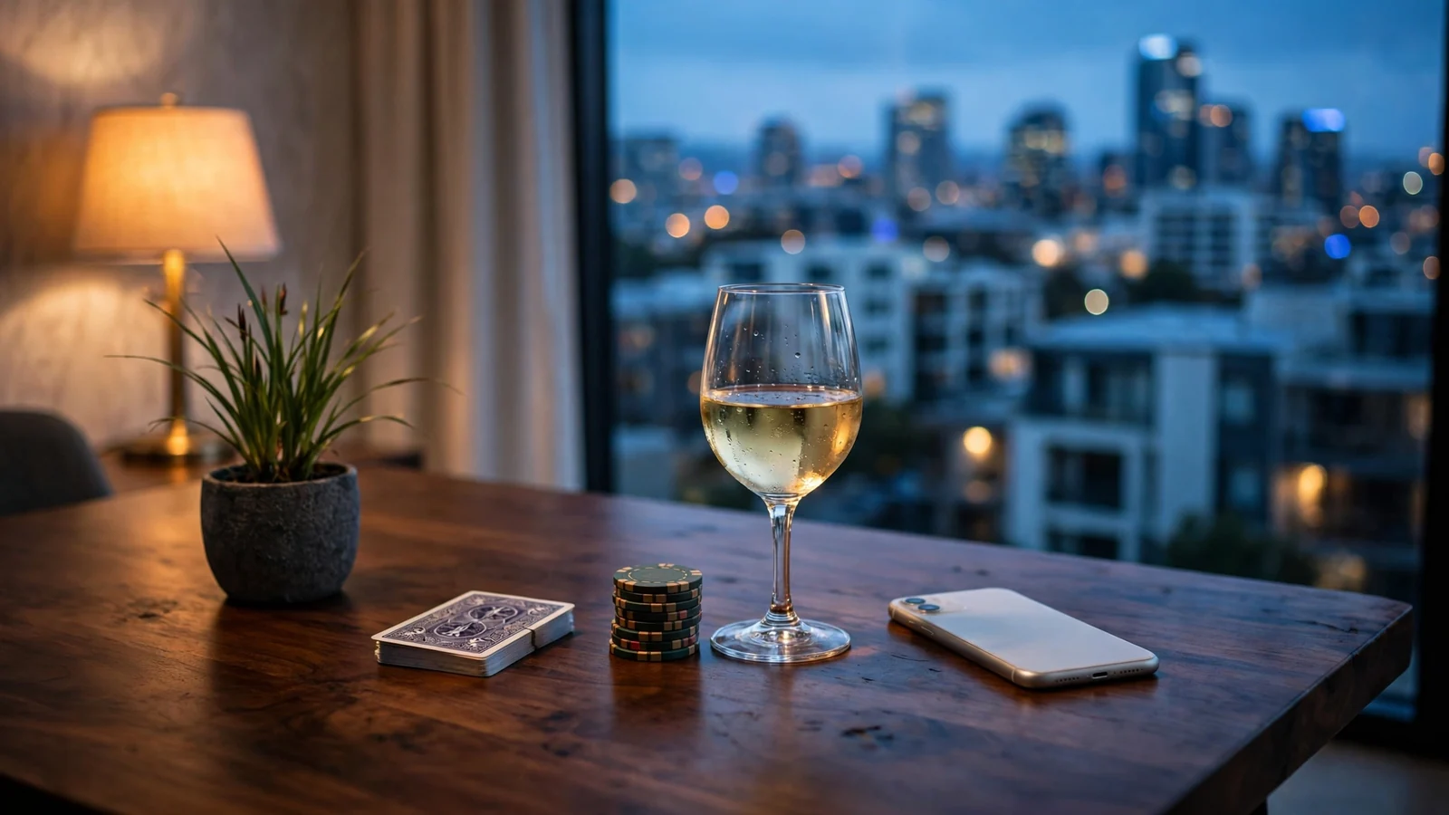Casino chips, a face-down phone, and a wine glass on a table in a New Zealand apartment