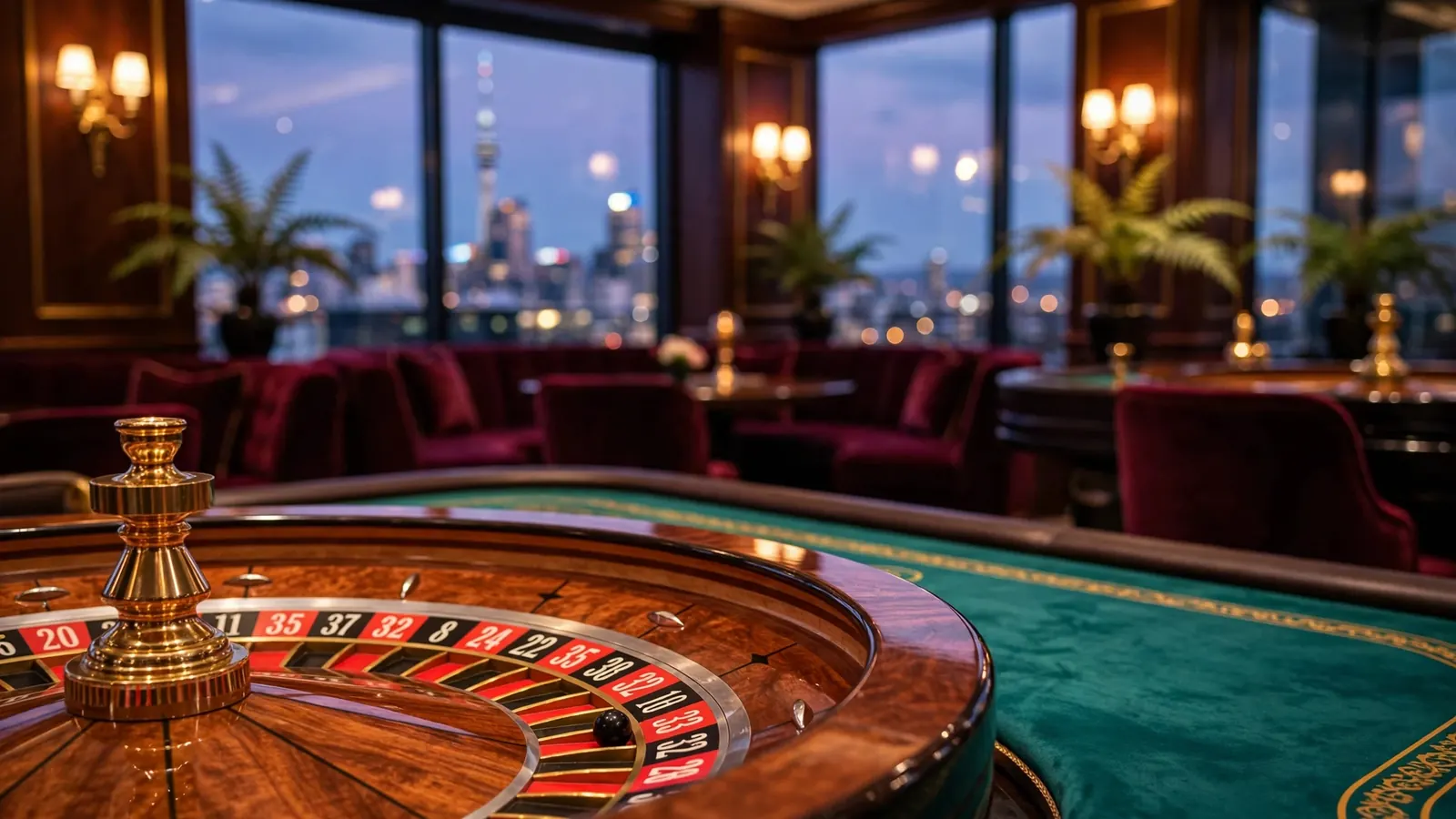 Roulette wheel on a casino table with Auckland skyline in the background