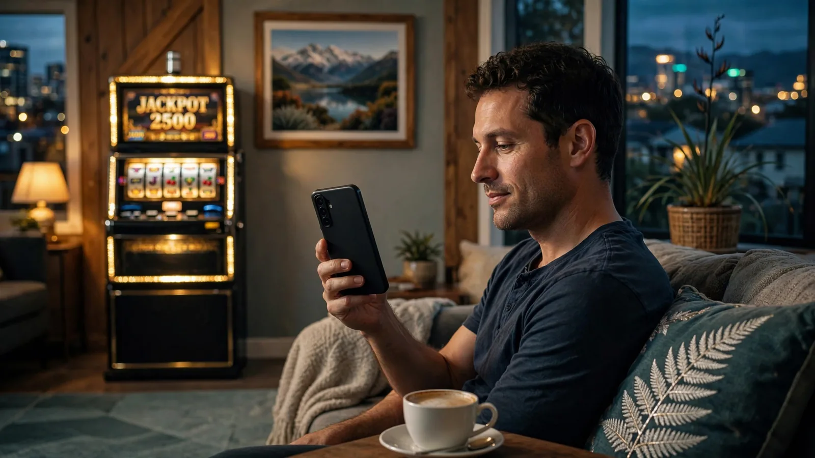 New Zealand player with smartphone near glowing slot machine at home