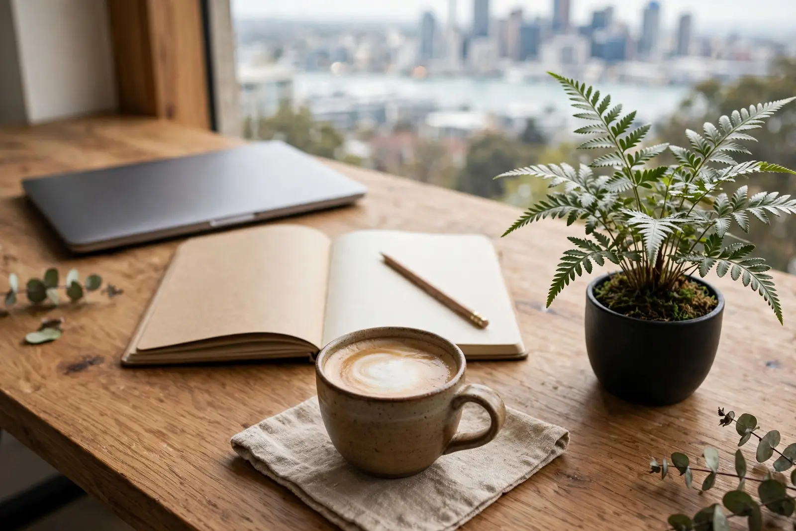 New Zealand editorial office desk with laptop, notebook, coffee and native fern.