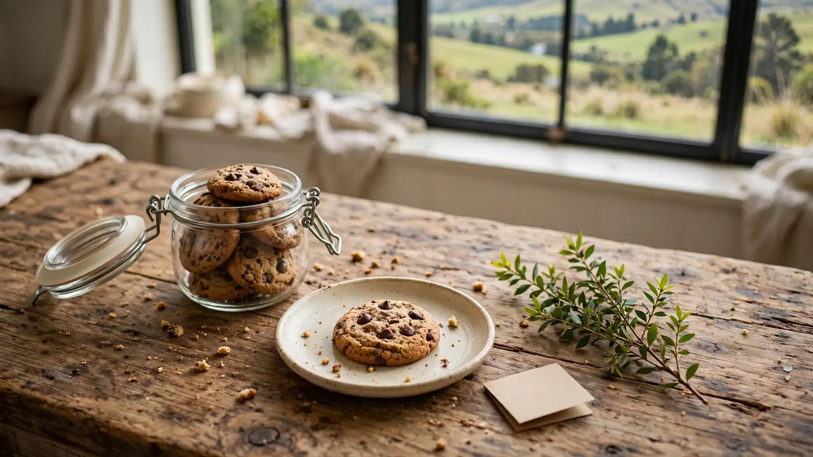 Glass jar of cookies on a wooden table with a New Zealand landscape view.
