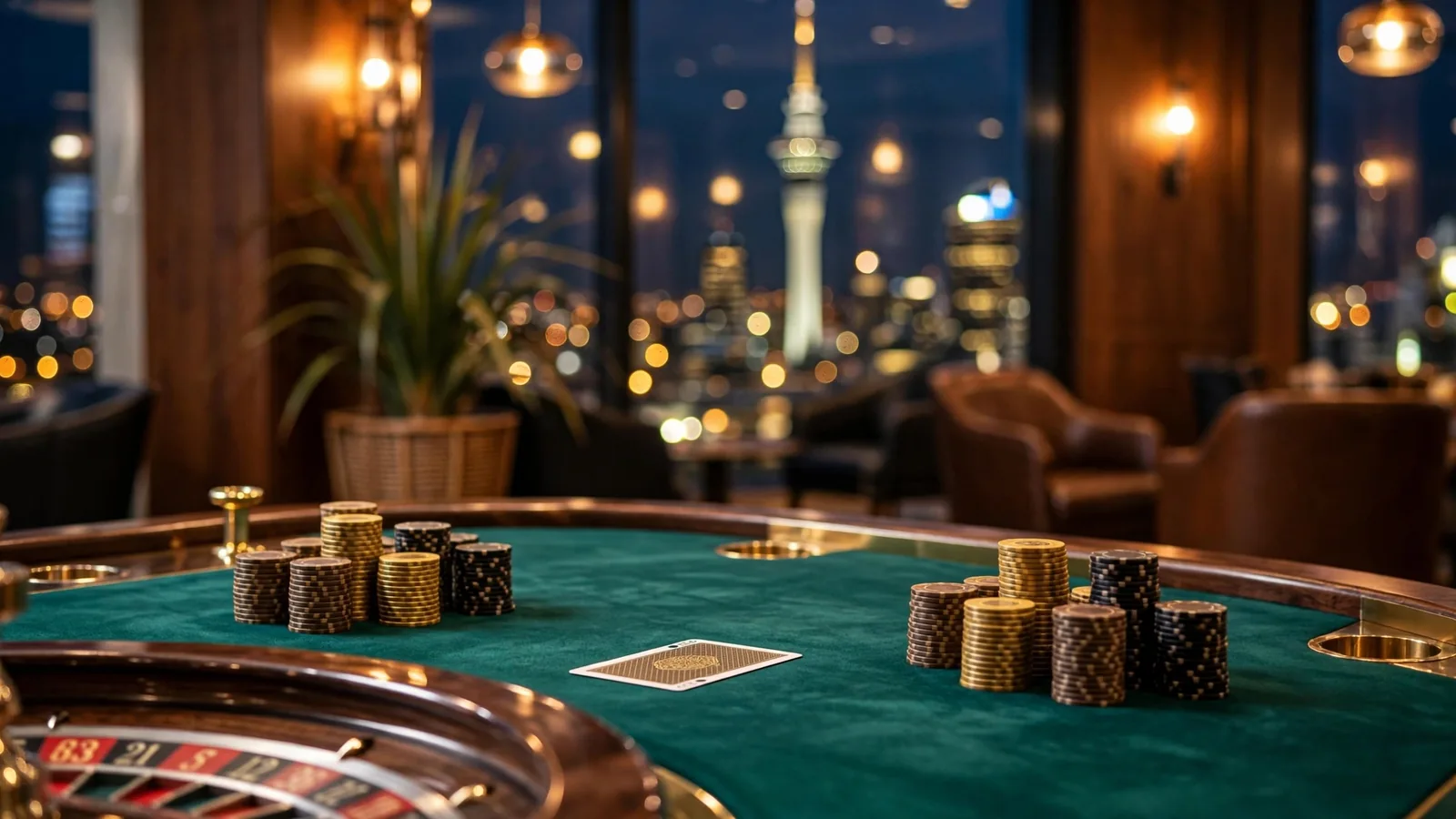 Casino roulette table with chips and card, Auckland skyline view at night