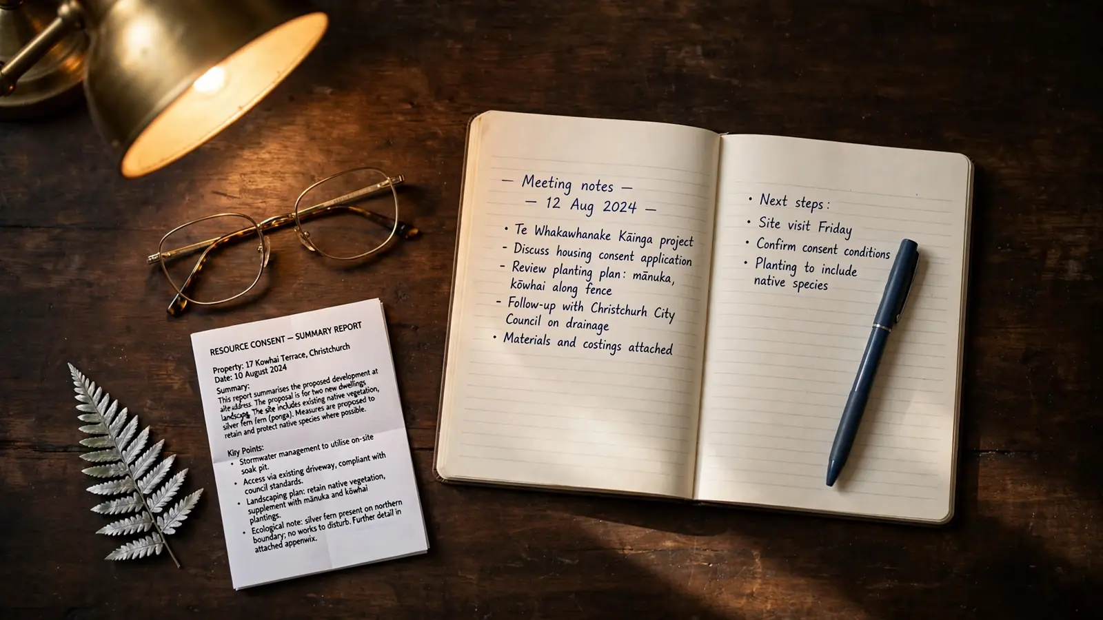 Legal disclaimer document, notebook and glasses on a wooden desk with a silver fern accent