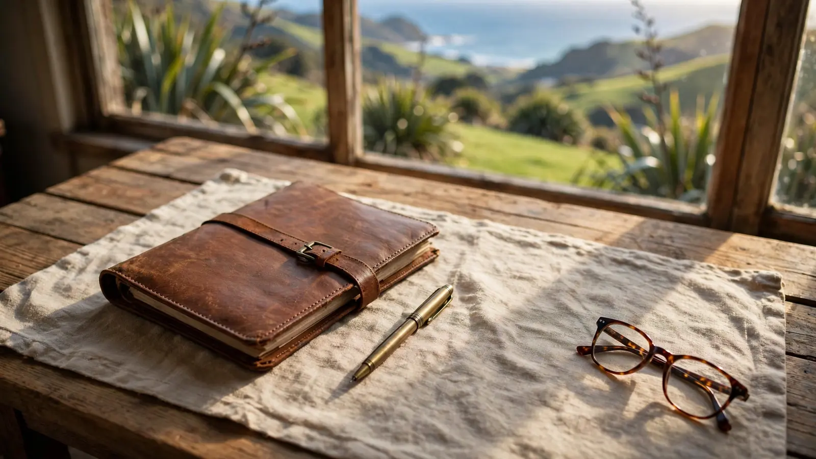 Legal document folder on a desk with New Zealand scenery in background