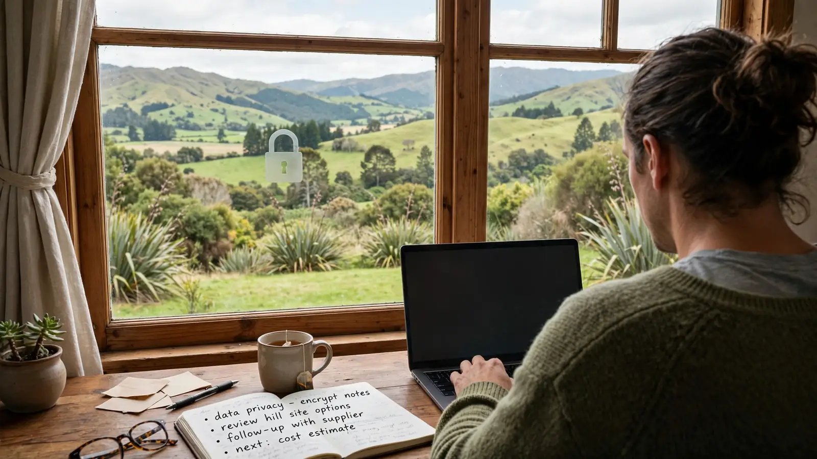 Person working on laptop by a window overlooking New Zealand hills, symbolizing online privacy and data protection.