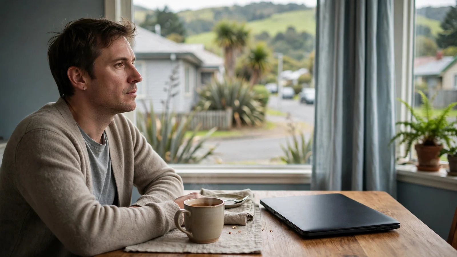 Person at home in New Zealand reflecting near a closed laptop, calm and thoughtful atmosphere.