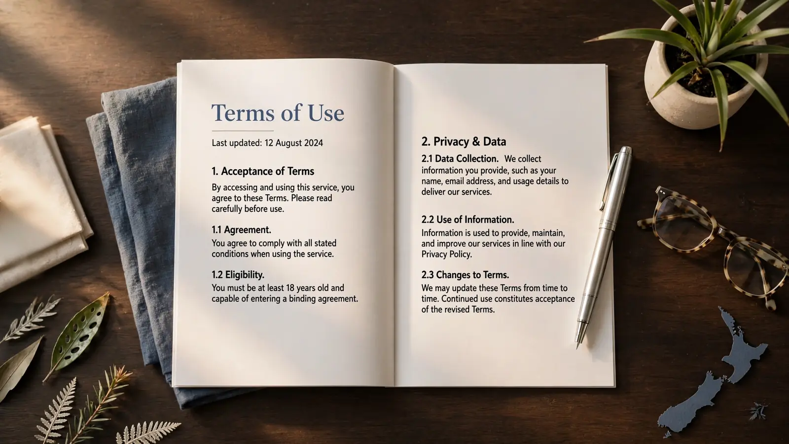 Legal terms of use document on a desk with New Zealand silver fern motif